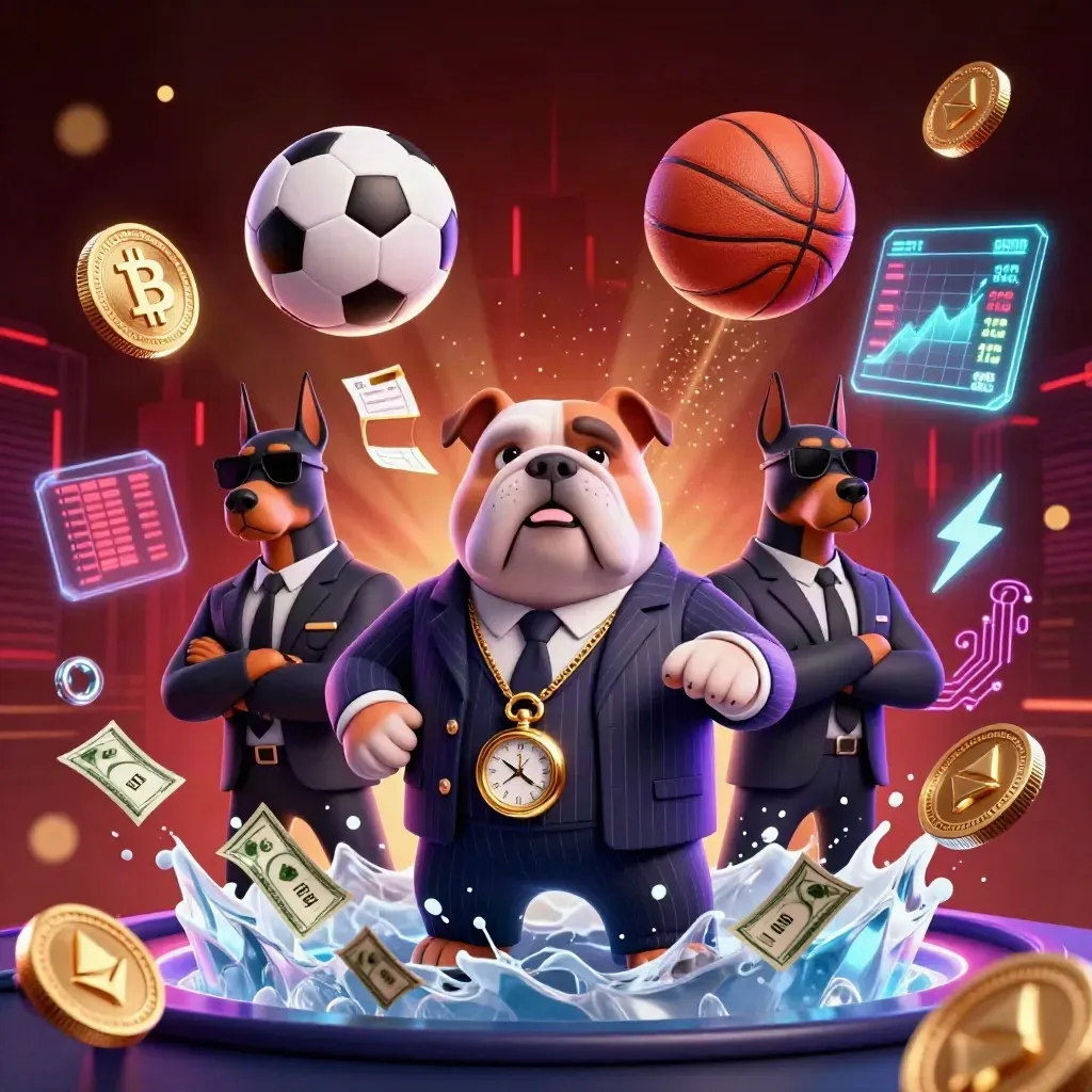 Pinstripe bulldog and Dobermans amid flying coins, balls, and neon casino lightning.