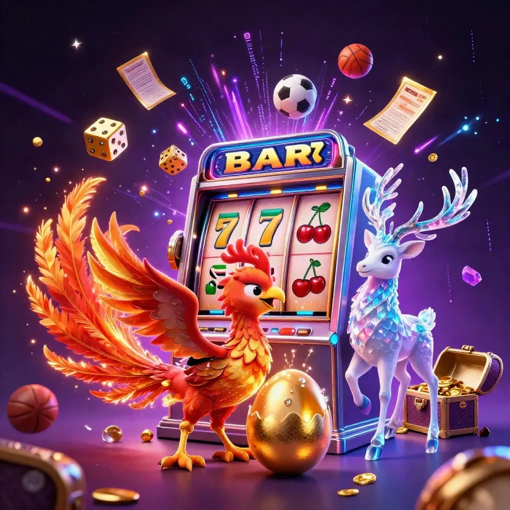 Phoenix, stag, slot machine, flying symbols, and sports balls in neon casino fantasy key art