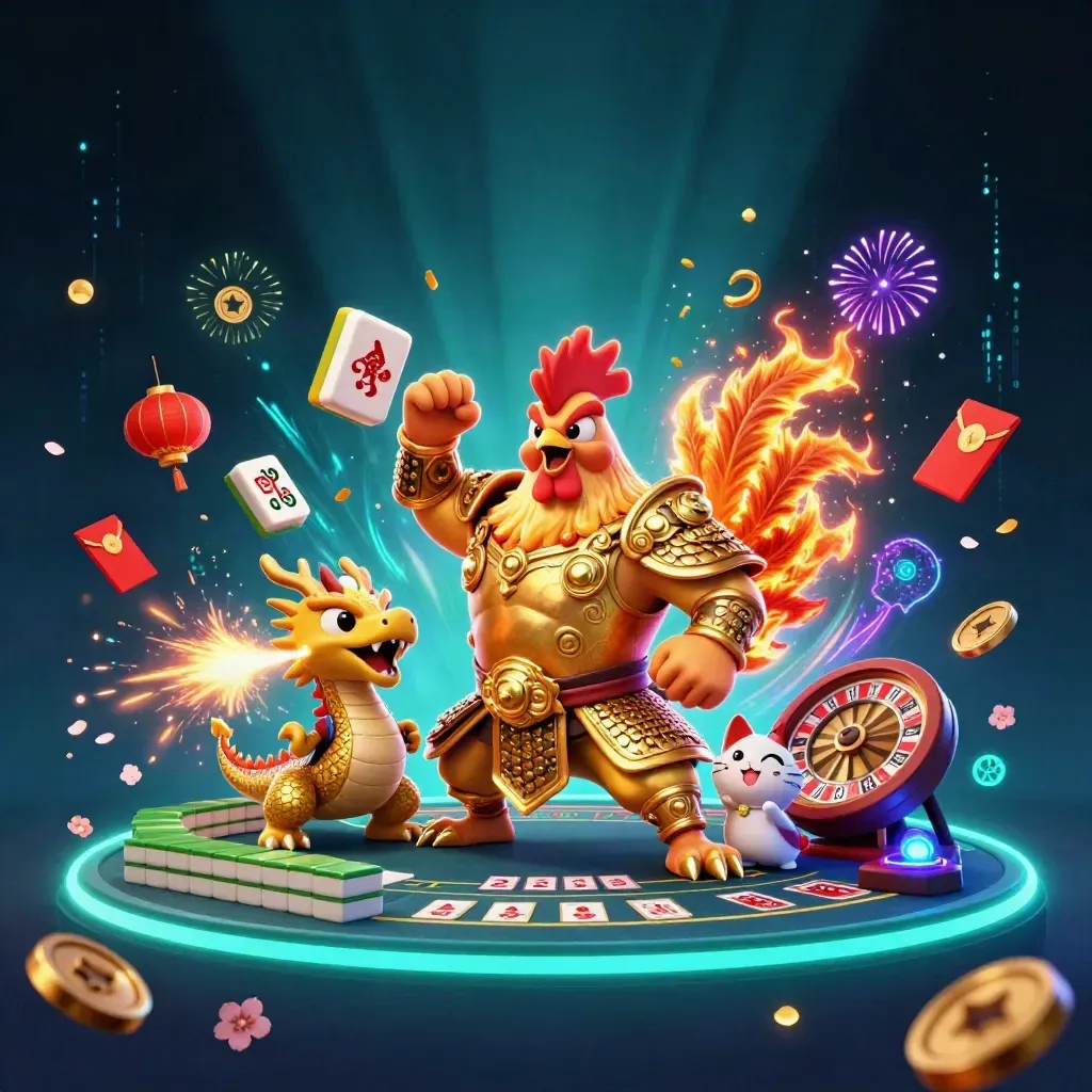 Rooster samurai, dragon hatchling, and fortune cat amid casino magic and neon storm.