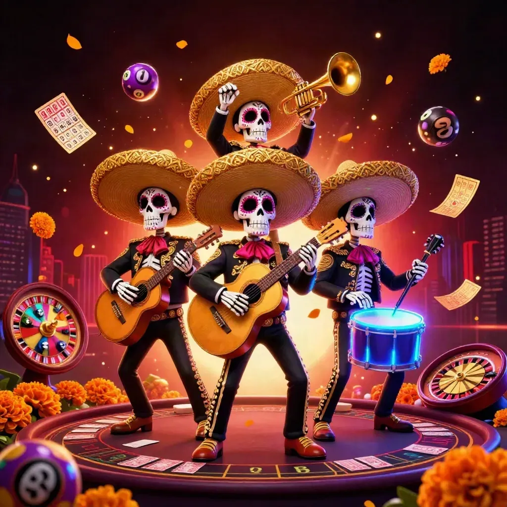 Skeleton mariachi trio with casino lights, jackpot symbols, and dramatic neon effects