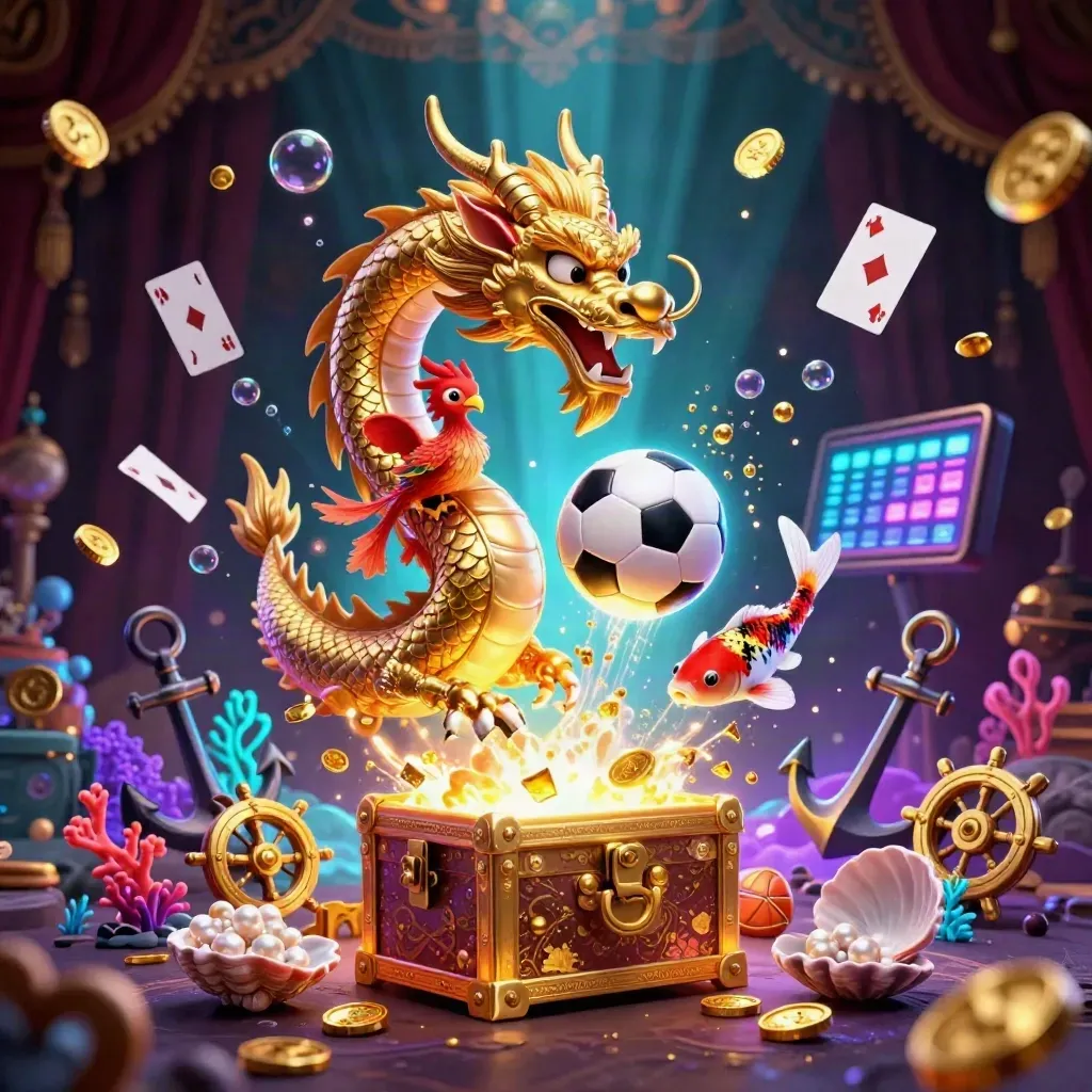 Golden dragon over treasure chest with phoenix, koi, coins, and a frozen soccer ball in neon glow