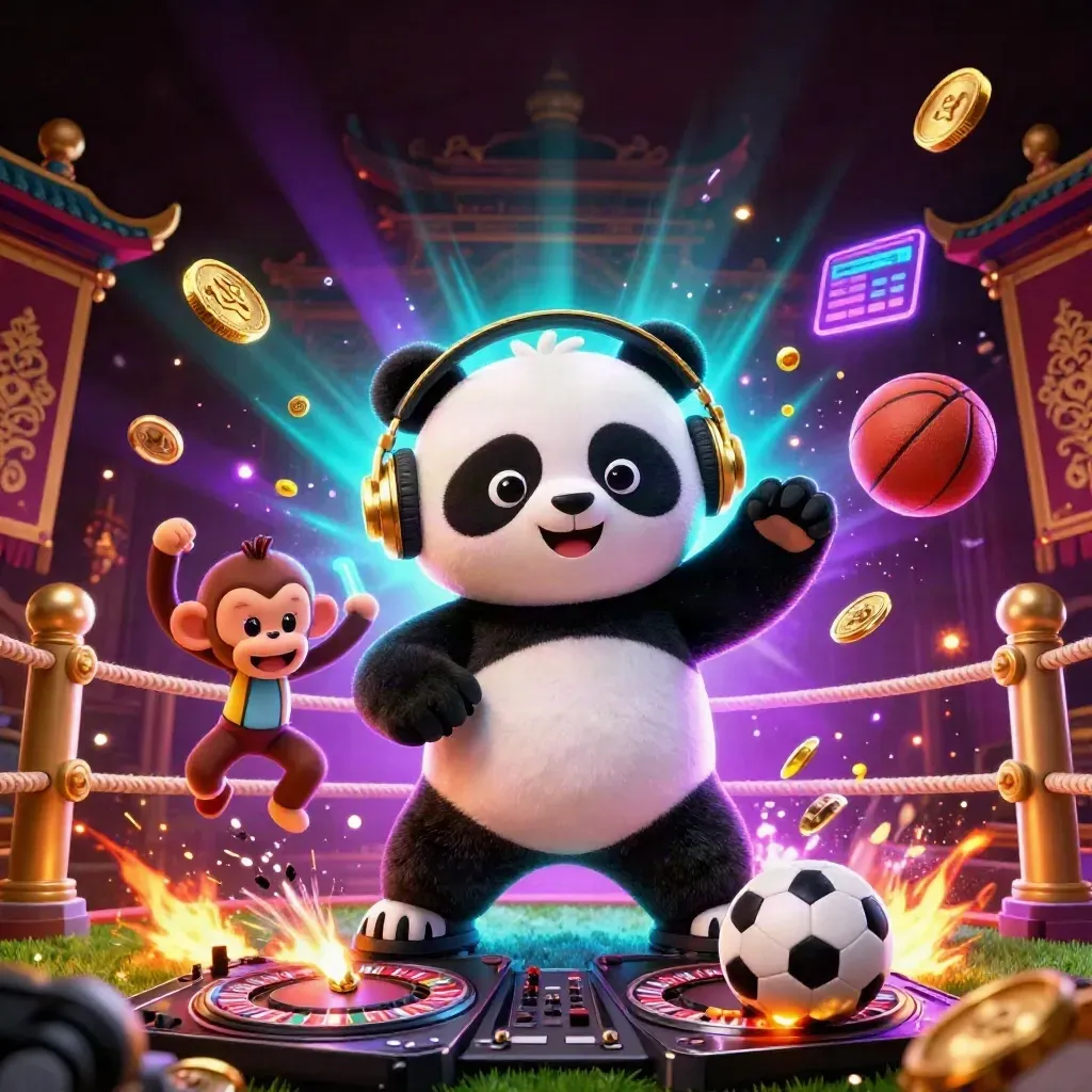 DJ panda, breakdancing monkey, and glow-stick kitten amid flying balls, coins, and neon casino light