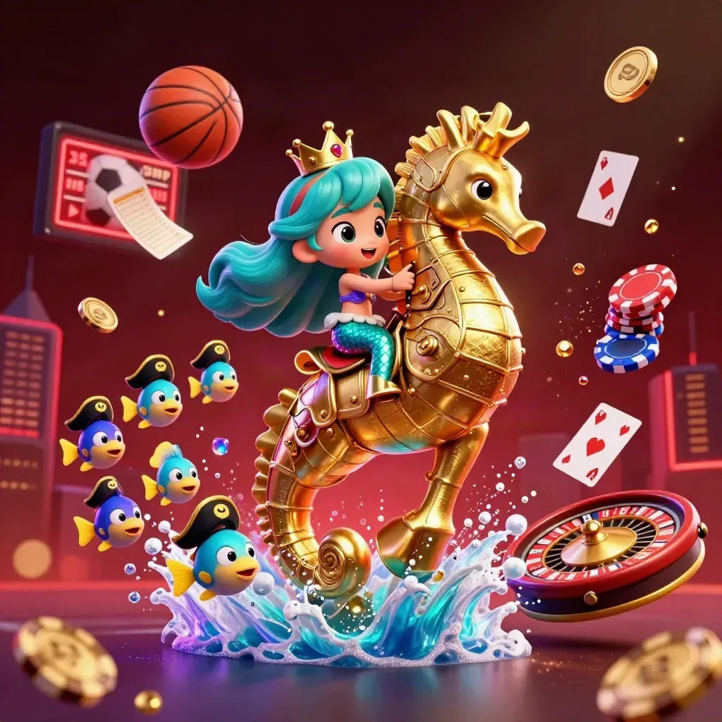 Mermaid princess on armored seahorse amid casino coins, fish, roulette wheel and sports balls.