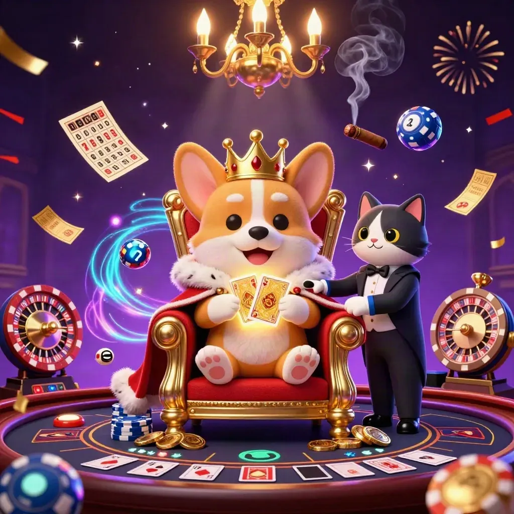 Crowned corgi and cat butler amid casino magic, roulette, lottery balls, fireworks