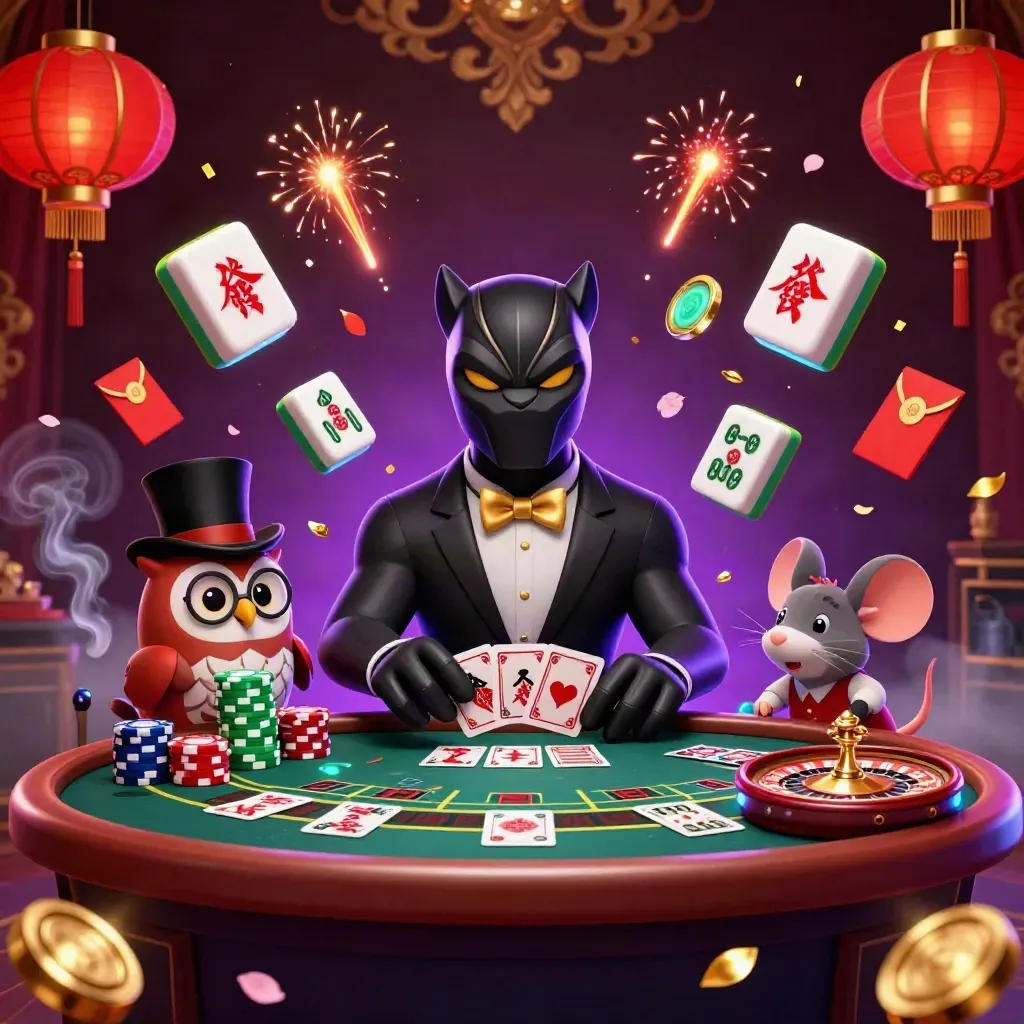Panther dealer, owl, and mouse in a luxe casino with lanterns, jade coins, and a mid-spin wheel.