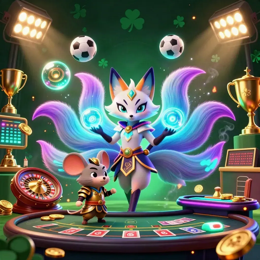 Neon fox spirit and golden mouse amid casino props, firelight, coins, and stormy glam