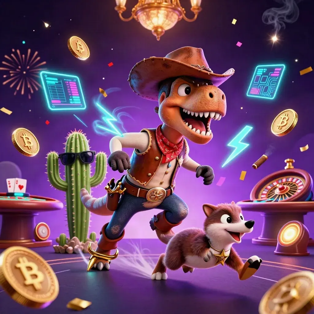 Cowboy T-Rex, cactus, and roadrunner in a neon casino with crypto coins and fireworks.