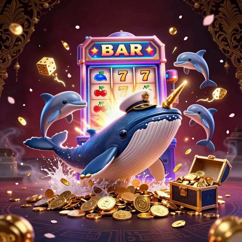 Whale captain, narwhal, and dolphins burst from coins amid jackpots and neon casino effects.