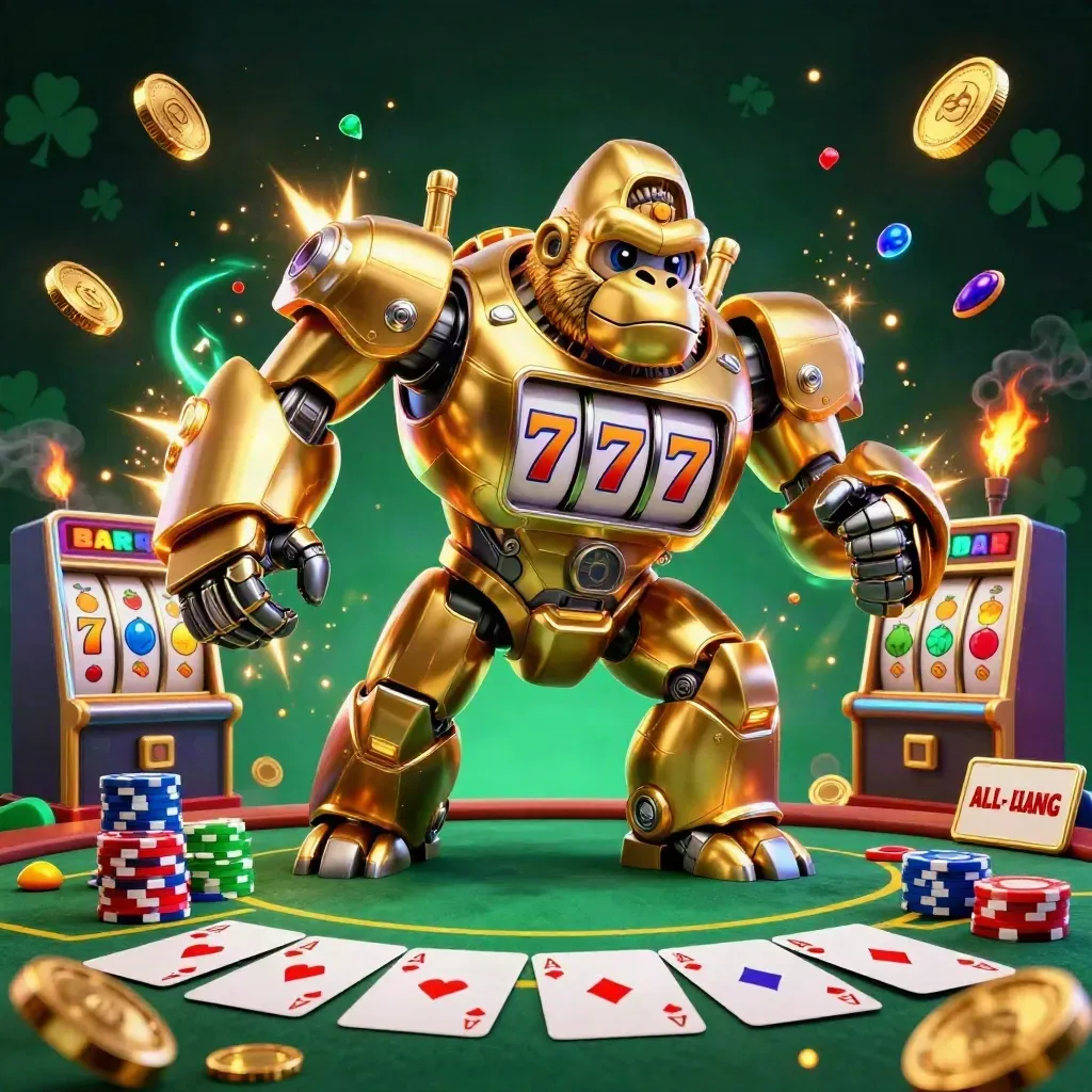 Golden gorilla mech with tiny monkey pilot, poker chips, reels, and neon casino energy