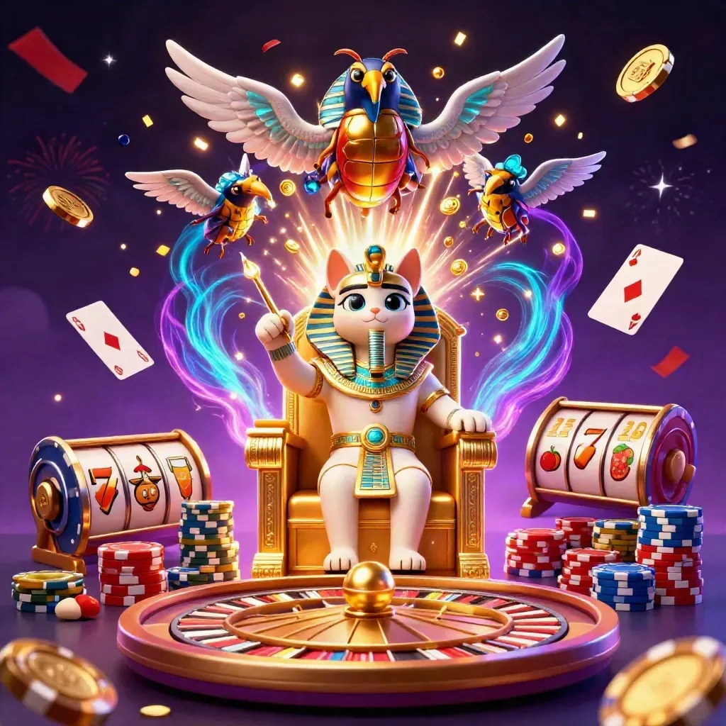 Pharaoh cat and ibis scribe amid coins, gems, roulette, chips, and neon energy