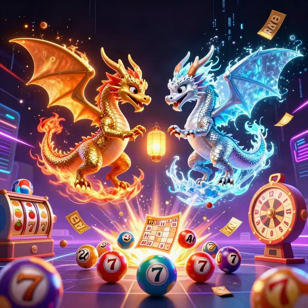 Twin gold and silver dragons swirl in yin-yang fire and ice amid casino gems and neon energy.