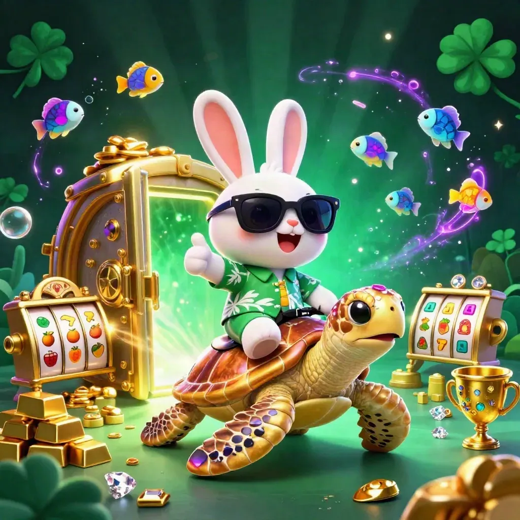 Lucky rabbit rides a golden sea turtle as vault treasure bursts through a neon casino glow.