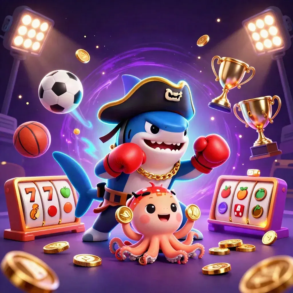 Pirate shark, boxing pufferfish, and octopus amid coins, balls, trophy, and neon casino chaos.