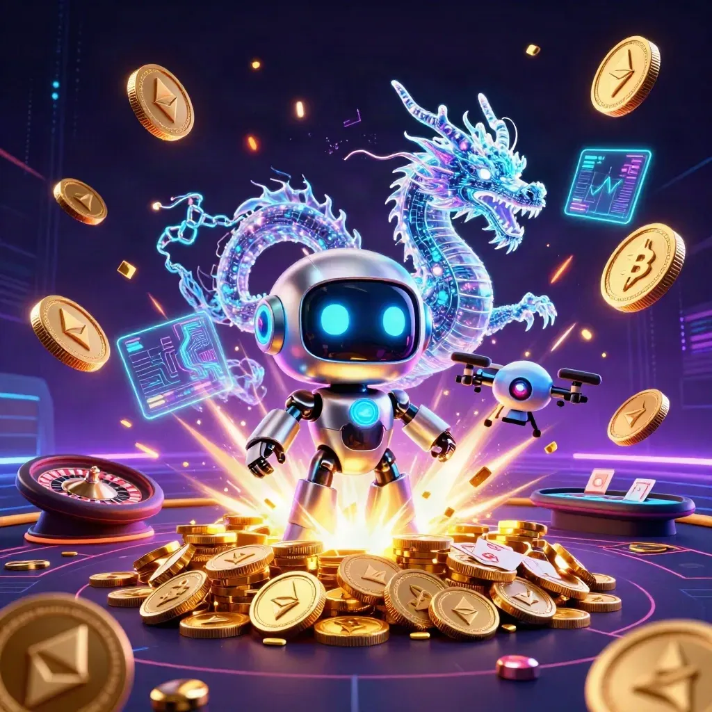Cyberpunk robot, holographic dragon and coin drone amid exploding coins, roulette and neon casino lights