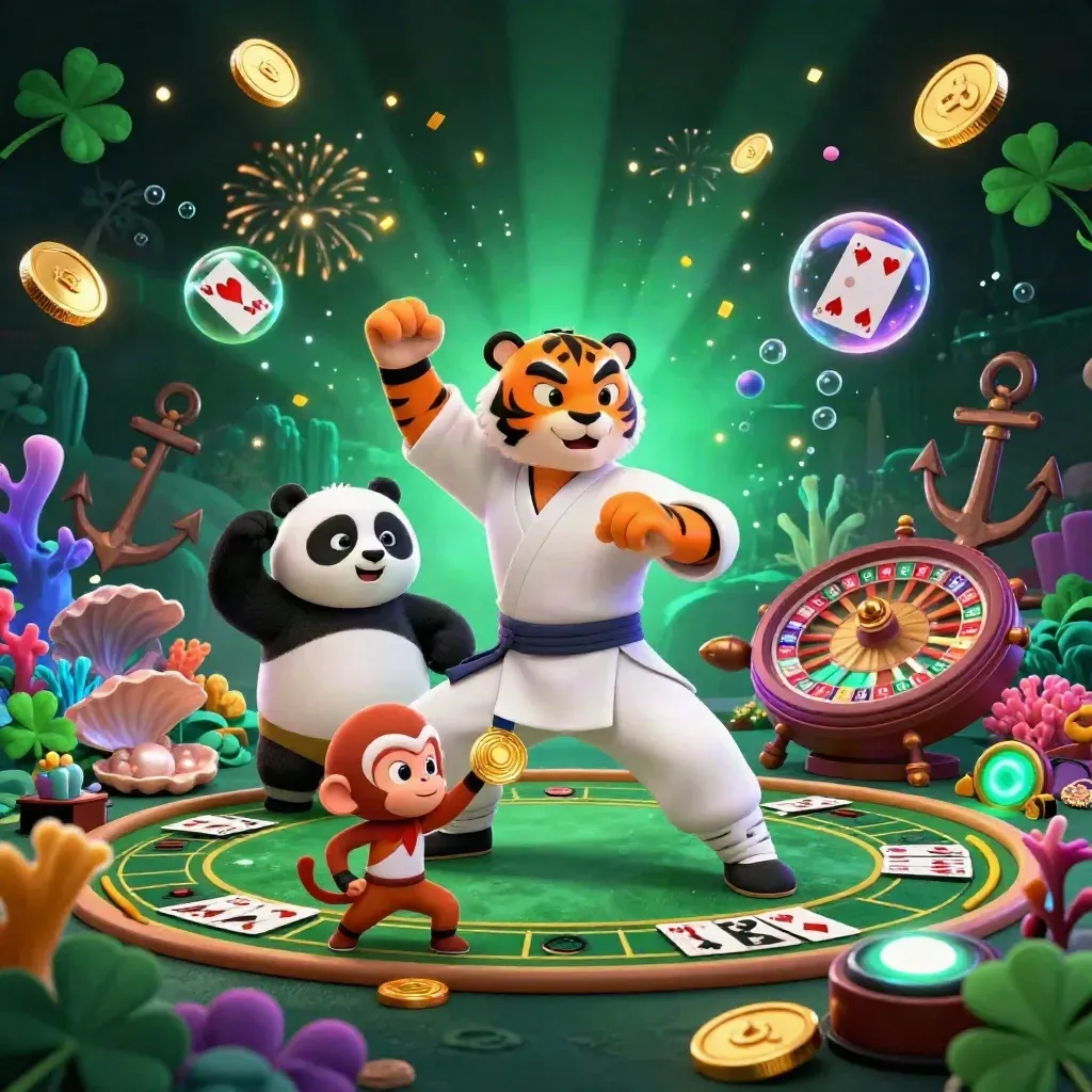 Kung-fu tiger, panda, and monkey amid a treasure cove with coins, cards, and casino glow.