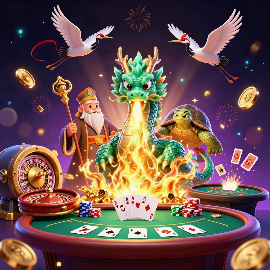 Emerald dragon, turtle sage, and cranes amid casino coins, cards, chips, and fireworks