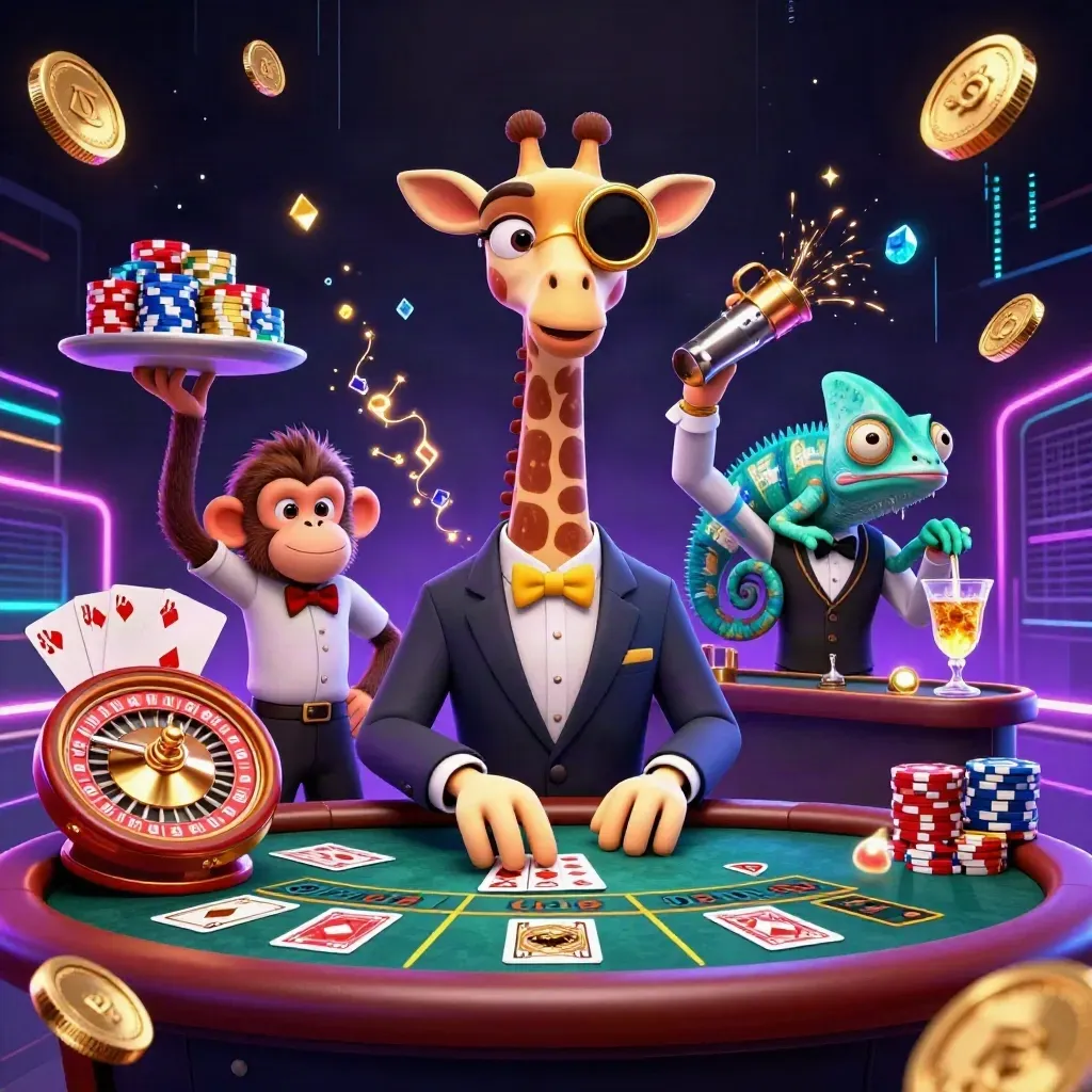 Giraffe, monkey valet, and chameleon bartender amid coins, gems, chips, and a spinning roulette wheel.