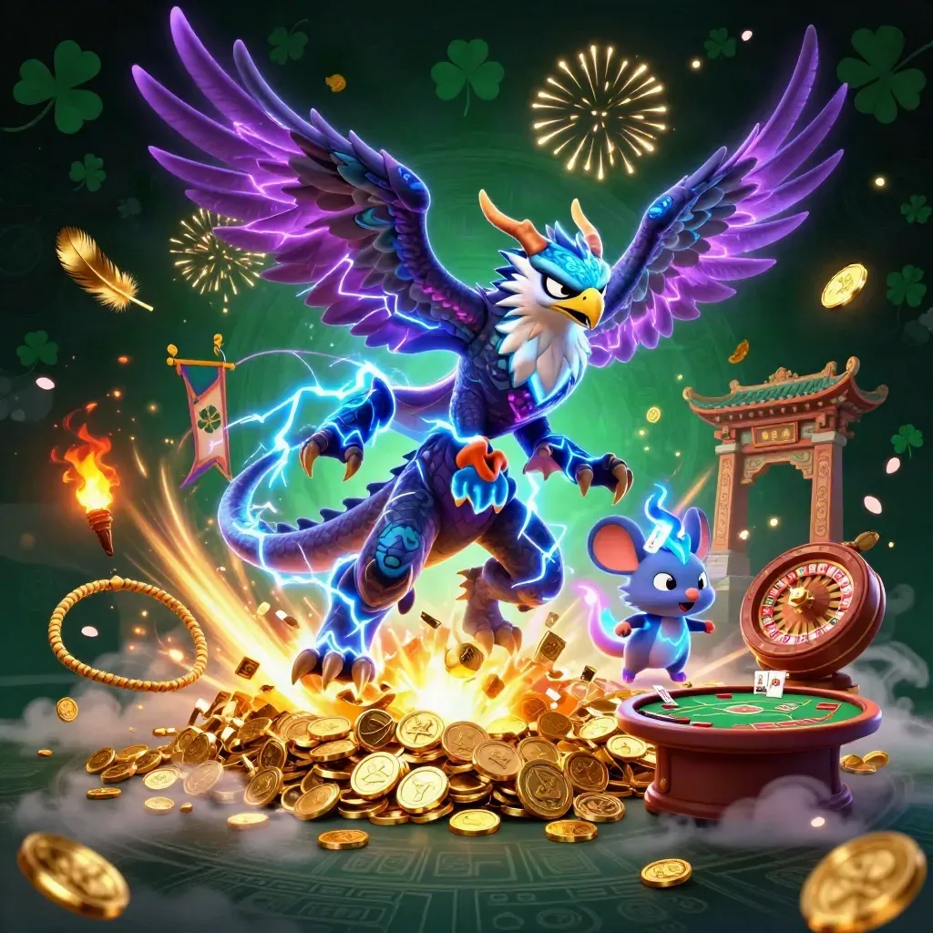 Thunder dragon, wind hawk, and thunder-mouse amid exploding coins, casino props, and stormy neon glow.