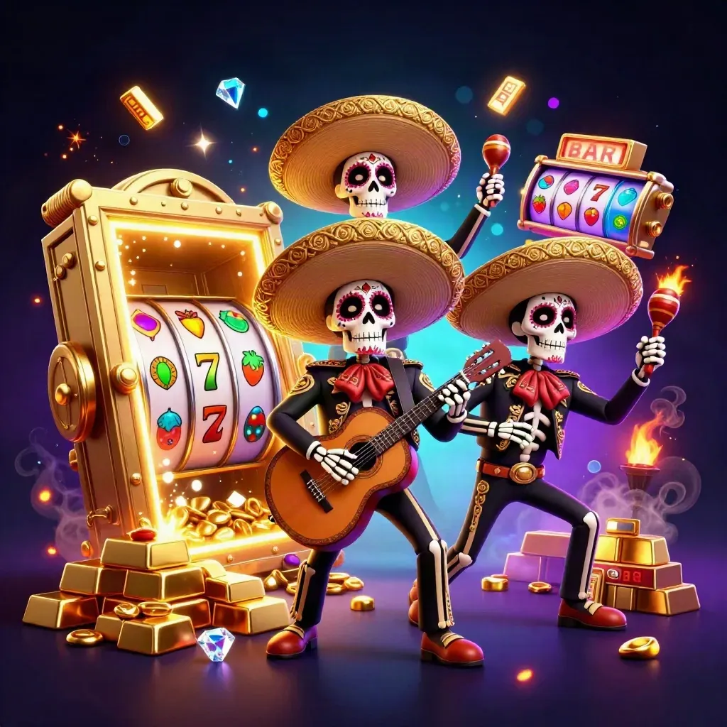 Skeleton mariachi trio with vault treasure, slots, gold, and neon casino lights