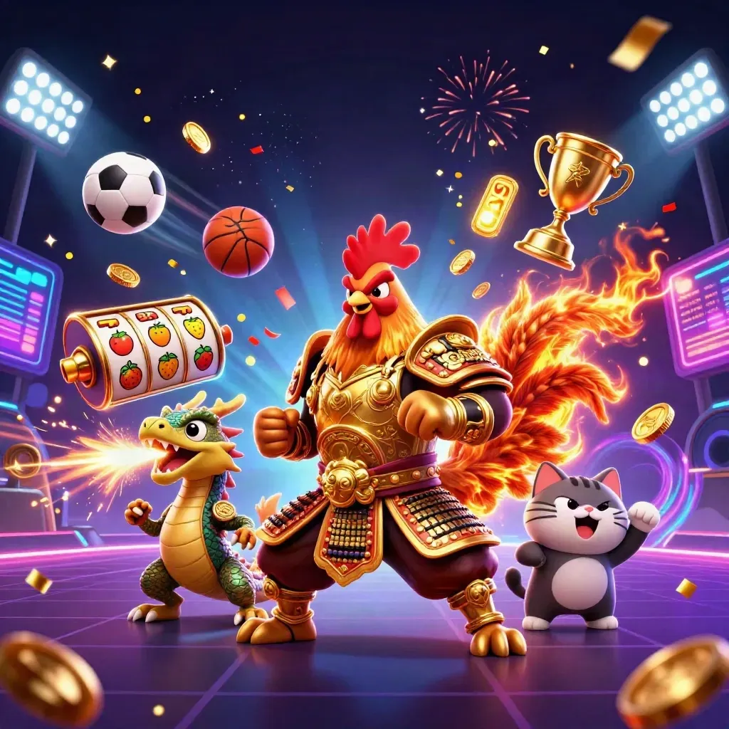 Rooster warrior, dragon hatchling, and fortune-cat amid slot reels, coins, and neon casino effects.