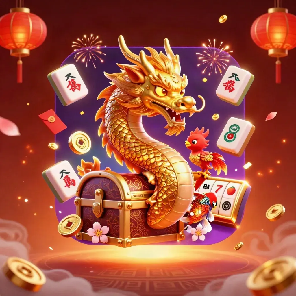Golden dragon with phoenix, koi, lanterns, coins, and casino symbols on a fiery crimson glow.