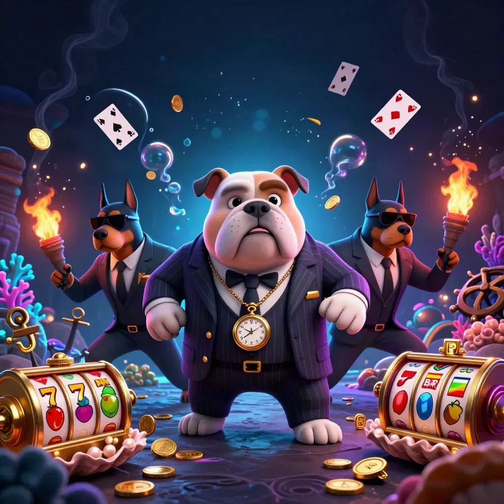 Bulldog mob boss with two Dobermans in a neon underwater casino treasure cove