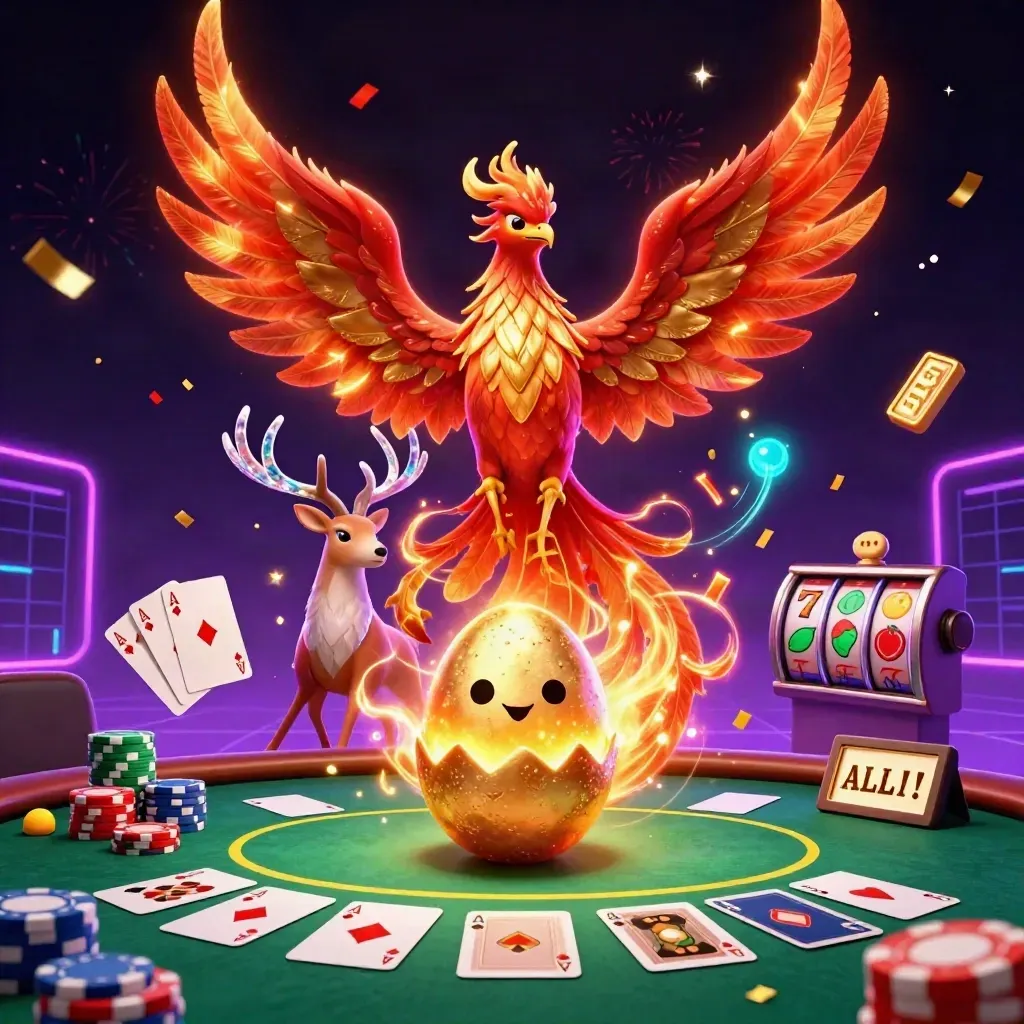 Phoenix, stag, and hatchling burst through slots, chips, cards, and neon casino glam.