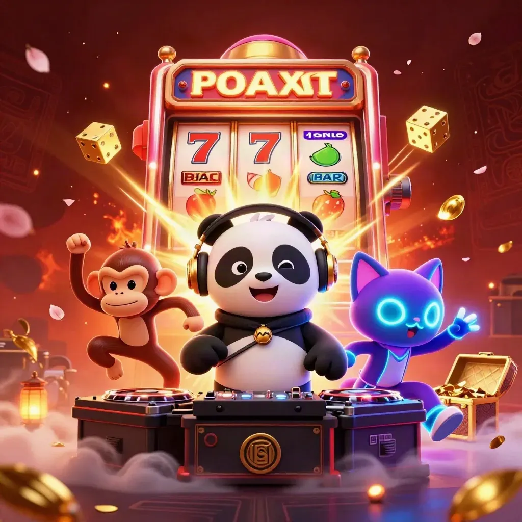 DJ panda, dancing monkey, and glow kitten amid jackpot slot reels and gold bursts